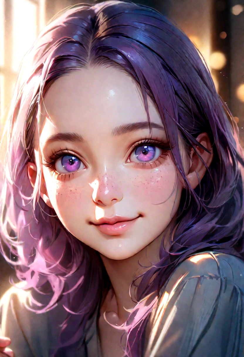 (best quality,4k,8k,highres,masterpiece:1.2),ultra-detailed,realistic,anime,portrait,girl,blue underwear,knee,beautiful detailed eyes,beautiful detailed lips,detailed face,long eyelashes,soft pink cheeks,cu purple hair,adorable smile,playful expression,slightly tilted head,freckles,delicate features,natural lighting,soft color palette,blurred background,subtle bokeh,studio painting effect, no shoes