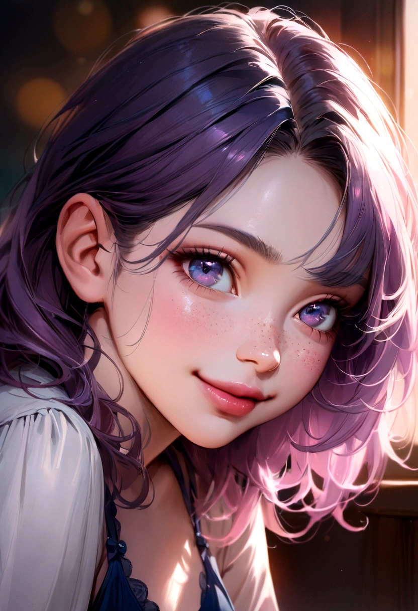 (best quality,4k,8k,highres,masterpiece:1.2),ultra-detailed,realistic,anime,portrait,girl,blue underwear,knee,beautiful detailed eyes,beautiful detailed lips,detailed face,long eyelashes,soft pink cheeks,cu purple hair,adorable smile,playful expression,slightly tilted head,freckles,delicate features,natural lighting,soft color palette,blurred background,subtle bokeh,studio painting effect, no shoes
