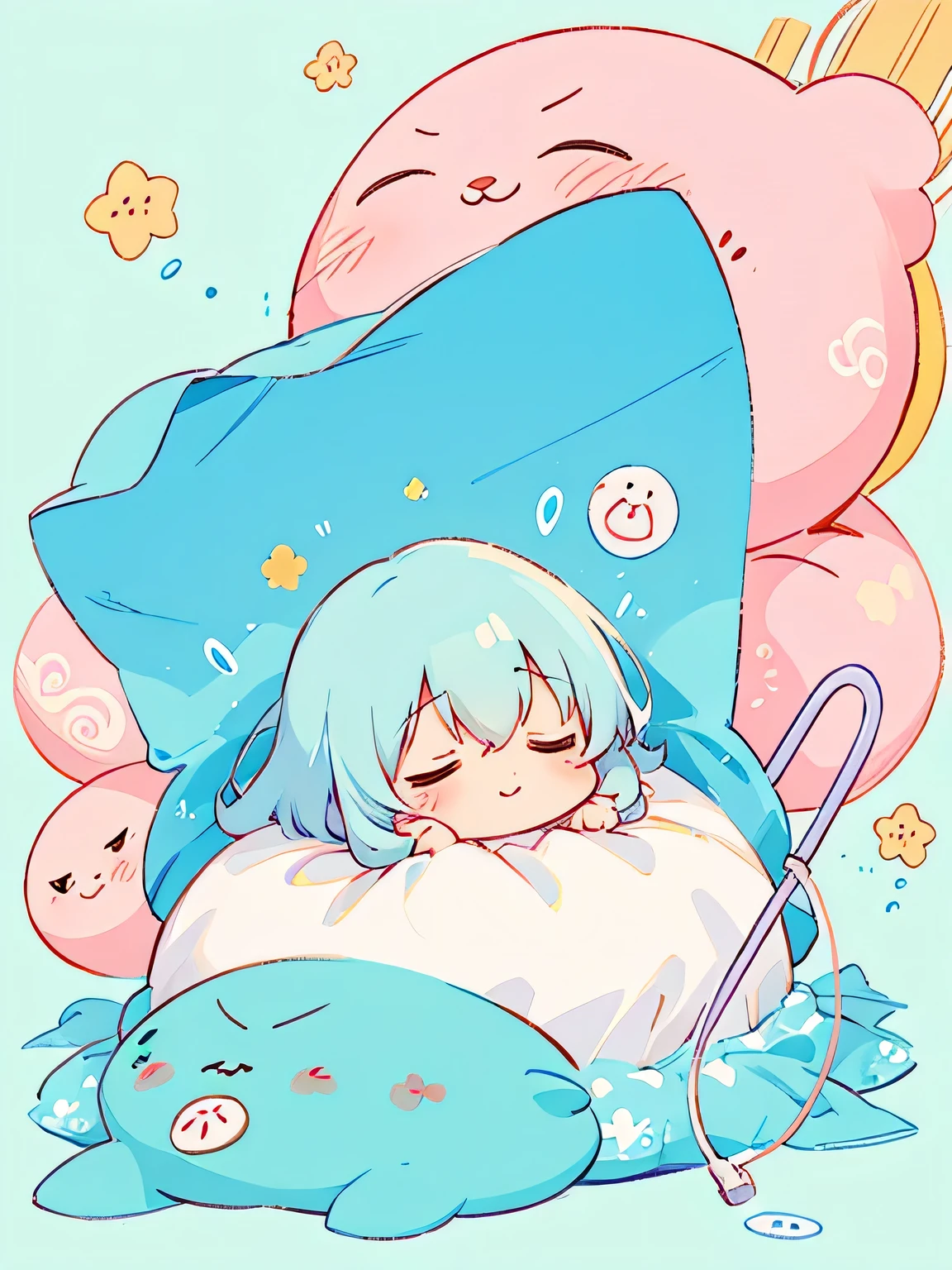 Hayao Miyazaki style、Kawaii Design, The most beautiful girl of all time、chibi, Cute and colorful amoeba, sleeping, best smile, hospital bed