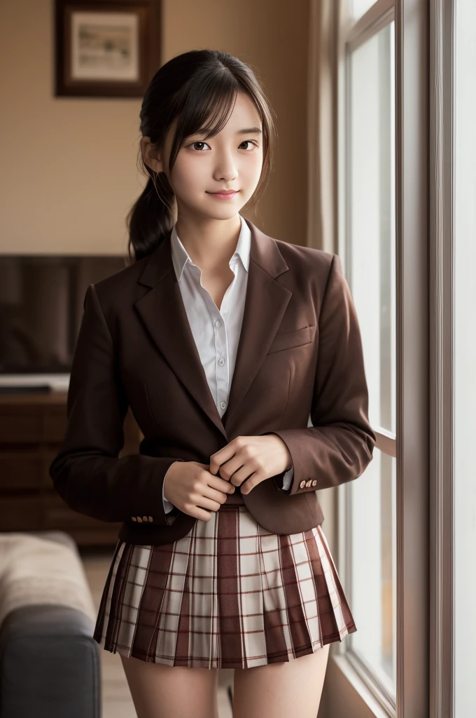 Brown blazer,Red Check Pleated Skirt,15 years old,high school girl,Black Hair,Straight Hair,ponytail,Dark Eyes,Small Face,Clean eyes,Small Mouth,slender,Young face,Lori,Flat chest,living room,slouch,Rearward facing,Panty shot,White panties,live-action,Realistic photos,8K,Smile,Ultra HD,