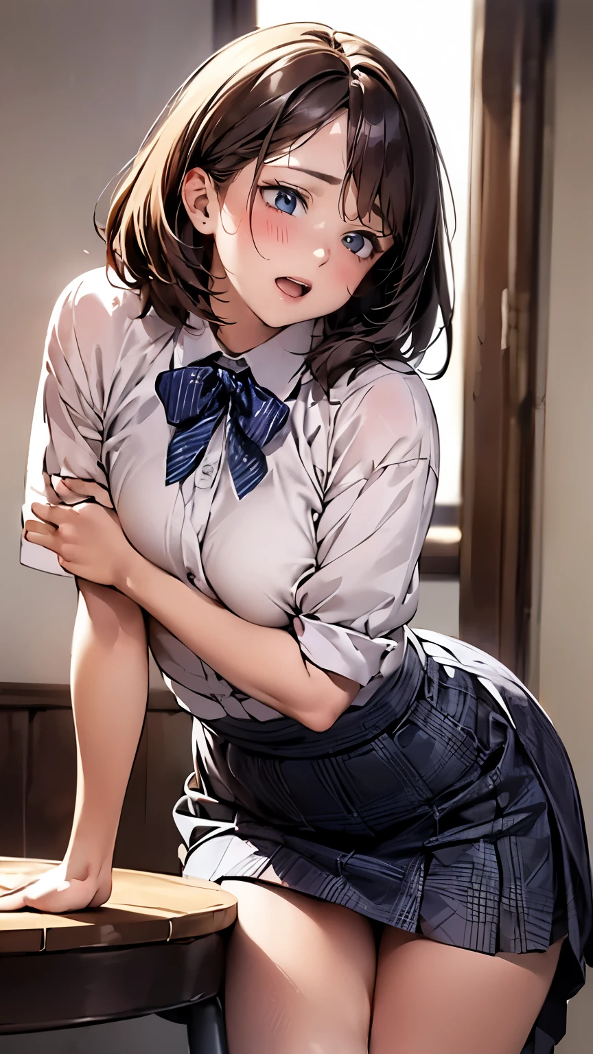 depicting a moment from manga for adults, ((round face, open legs, standing and straddling to hit her crotch against the corner of the table))), skirt various patterned, blush, round face, eyes with realistic sizing, drooping eyes, blush, shame smile, spread legs, open mouth,