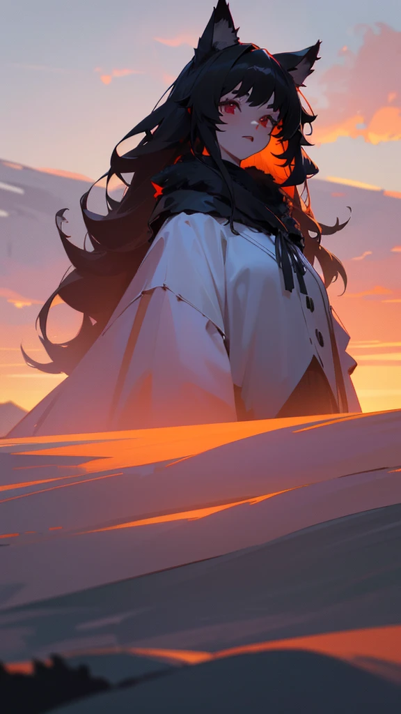 a beautiful girl with long dark hair, red eyes, wolf ears, and a black fluffy cloak, standing in a sunset landscape, (best quality,4k,8k,highres,masterpiece:1.2),ultra-detailed,(realistic,photorealistic,photo-realistic:1.37),portrait,fantasy,dark,moody,cinematic lighting