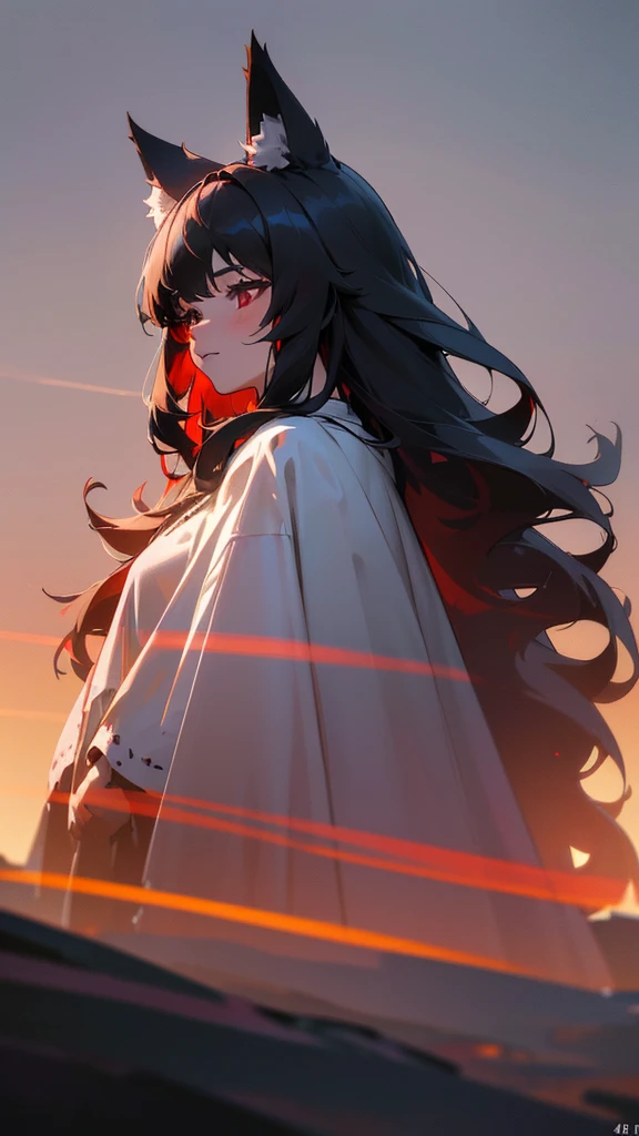 a beautiful girl with long dark hair, red eyes, wolf ears, and a black fluffy cloak, standing in a sunset landscape, (best quality,4k,8k,highres,masterpiece:1.2),ultra-detailed,(realistic,photorealistic,photo-realistic:1.37),portrait,fantasy,dark,moody,cinematic lighting
