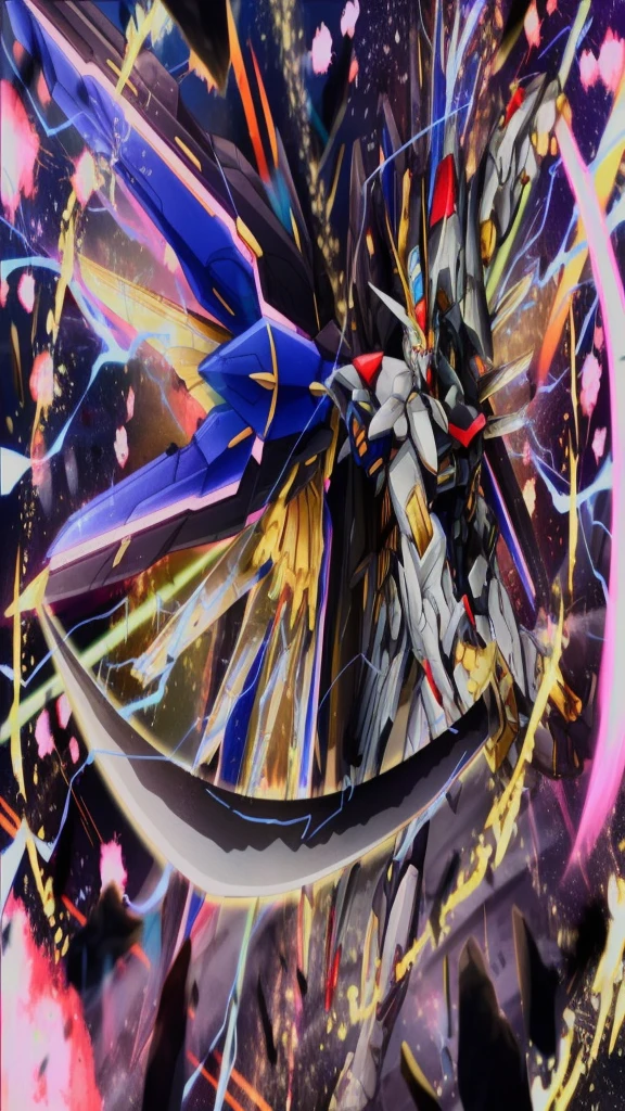 universe space、Confronting and fighting the enemy、They are locked in a sword fight.、Gundam、Mobile Suit、Draw a side view、