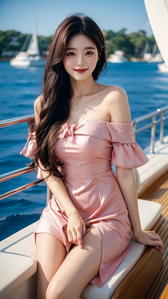 A sweet girl by the yatch,voluminous hair,Delicate face,Photorealsitic,of a real,largeaperture,wears a pink dress,A cropped dress,Off-the-shoulder,A dress around the neck,Slim,smiles,Ultra-high resolution, Blurred background