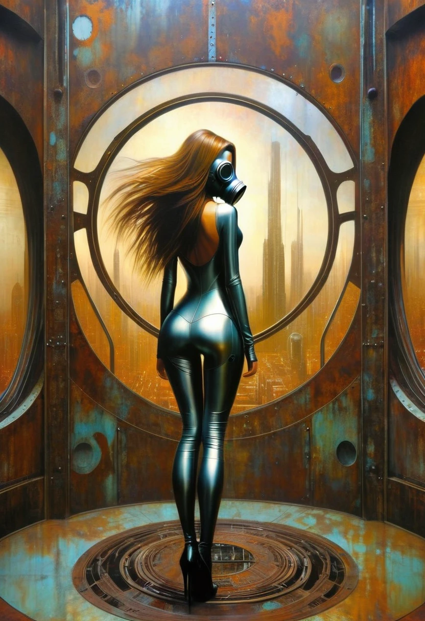 large futuristic room made of rusty metal, full body sexy girl with long hair, sexy girl in futuristic full suit and gas mask, futuristic rusty metal window, circular, circular window shape, views of rusty metal futuristic city, Dave Mckean inspired artwork, intricate details, oil painted