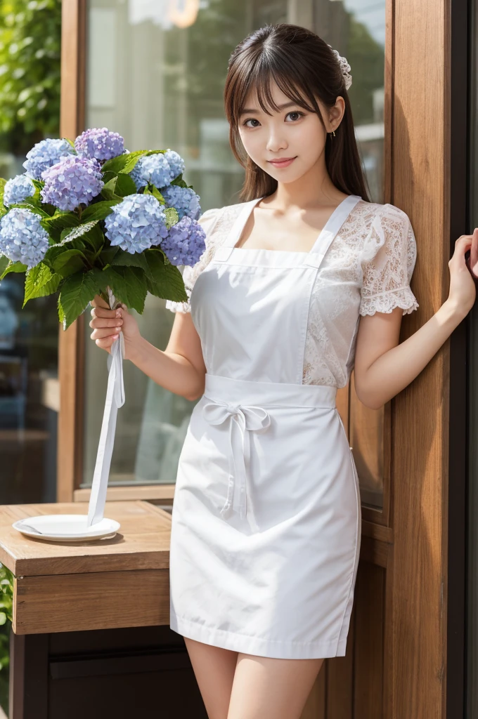 At a coffee shop decorated with hydrangeas、A working girl of 20（Wearing a miniskirt and apron）