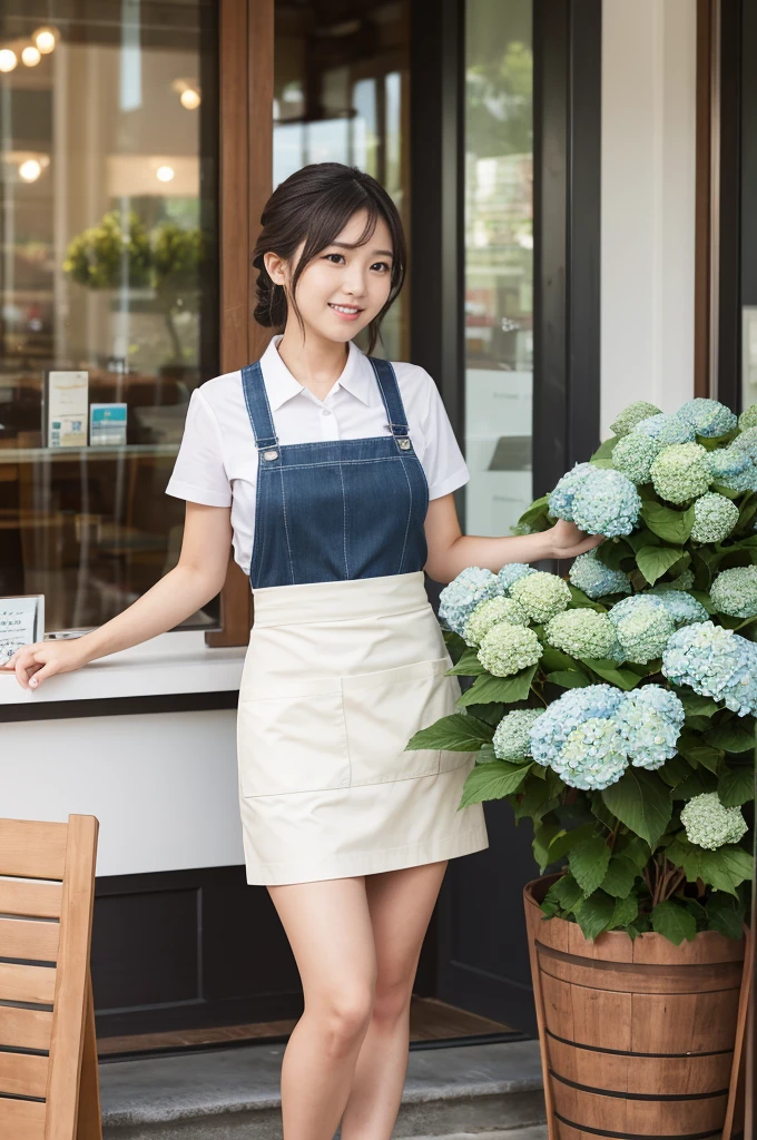 At a coffee shop decorated with hydrangeas、A working girl of 20(Wearing a miniskirt and apron)