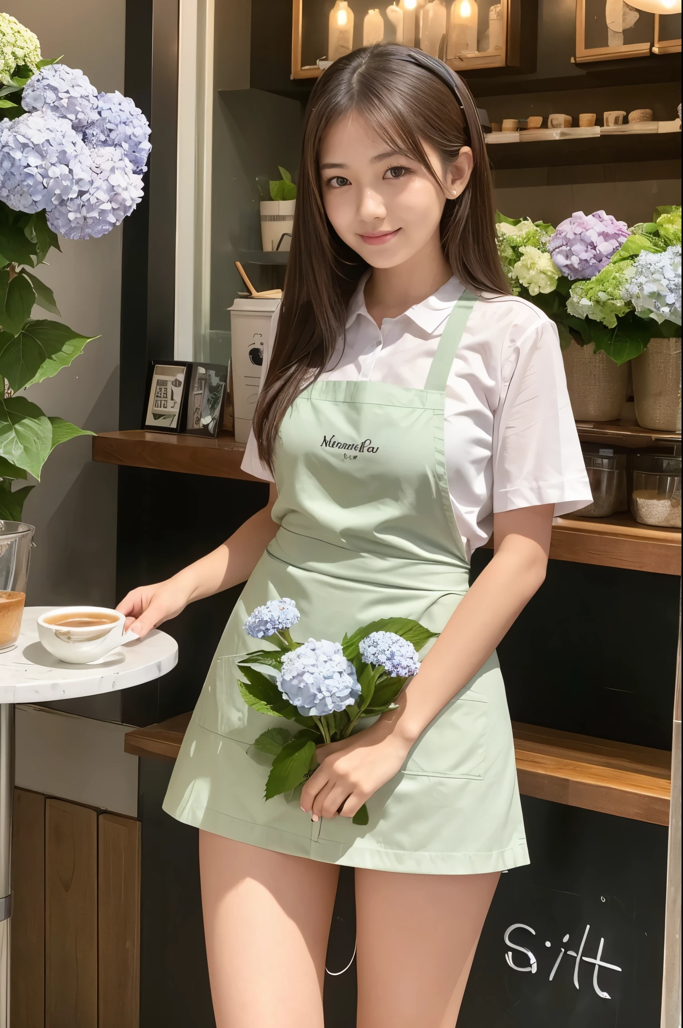 A 20-year-old girl working at a coffee shop decorated with hydrangeas(Wearing a miniskirt and apron)