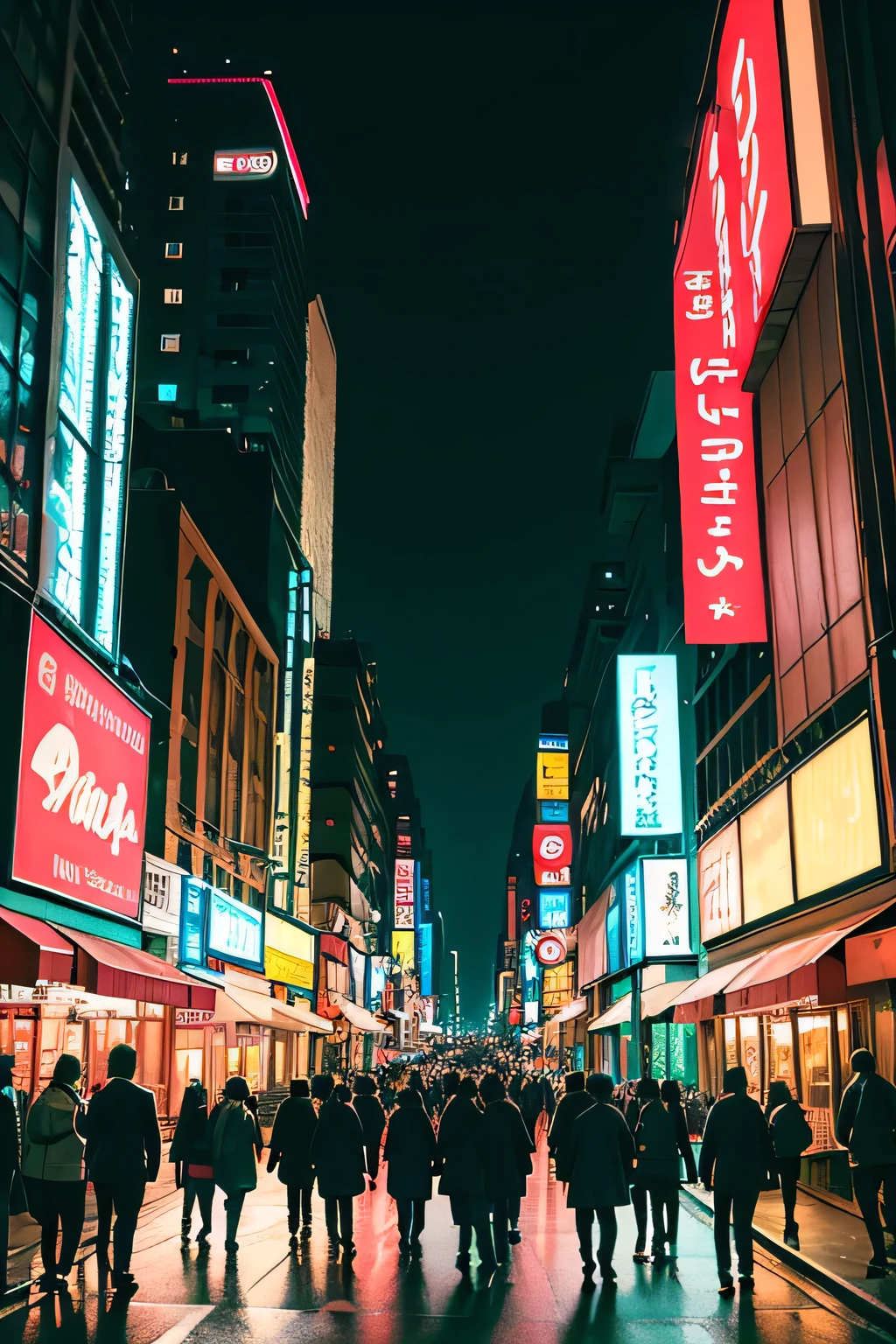 
((Highest quality)),  ((masterpiece)), city street, night, neon signs, people walking, bustling