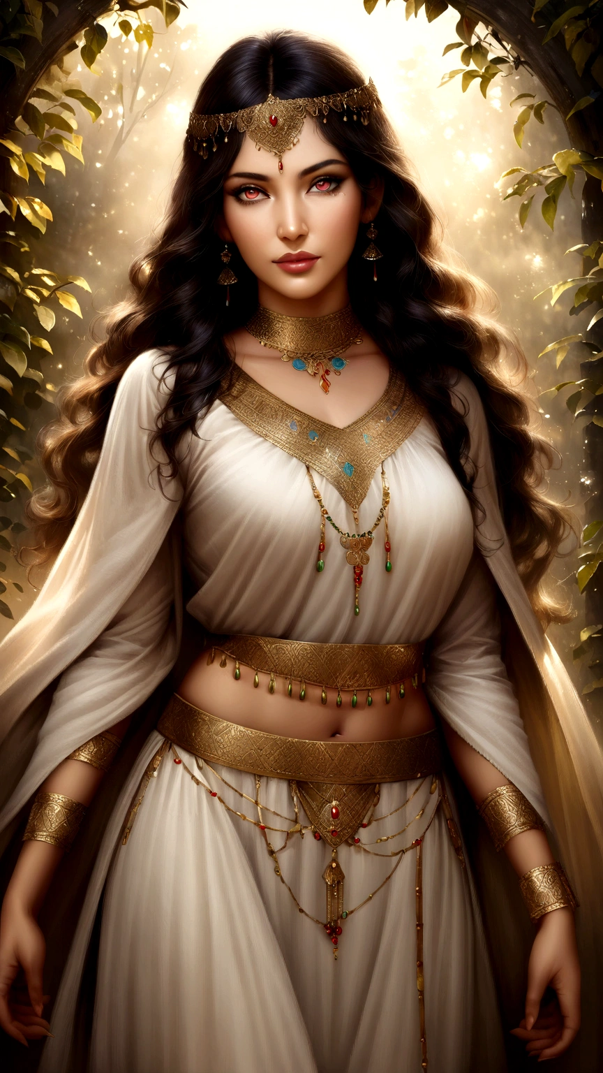 (Realistic:1.5), beautiful Indian women, vibrant colors, intricate traditional attire, henna adornments, long wavy dark hair, striking almond-shaped eyes, glowing olive skin, delicate features, radiant smiles, RAW photographs, top-quality, masterpiece:1.3, serene garden setting, professional lighting, full-body shots, angle from the front, soft natural light, traditional Indian jewelry, captivating expressions, making eye contact with the camera.