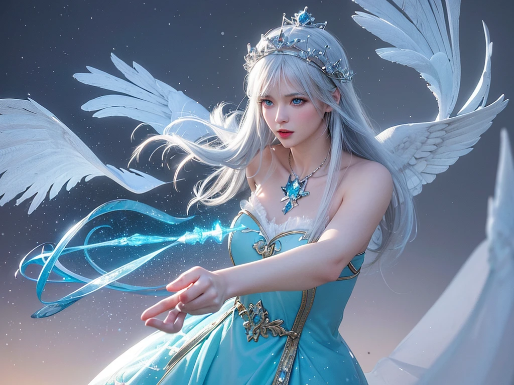 (Best quality, high resolution, masterpiece :1,3), realistic 3d render, snow queen, beautyfull, breasts, blue crown with green crystals, long white hair, angel-like wings, white dress with blue details, blue eyes. action pose with a flaming ice sword in hand, (background snow and ice effect)