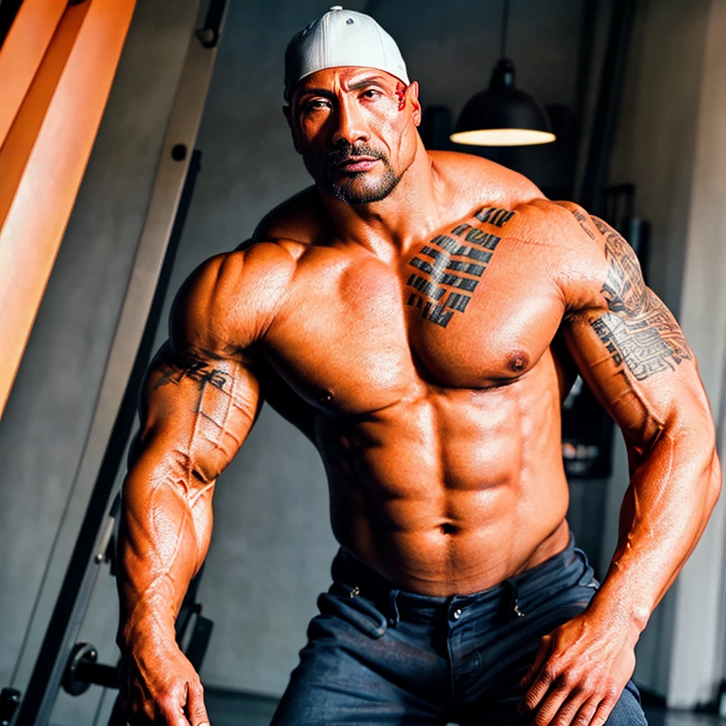 Dwayne Johnson photo of th3r0ck a strong man with muscular arms and a chiseled physique, naturalistic background, vibrant colors, professional lighting, photorealistic rendering, high-resolution image, detailed facial features, intense gaze.