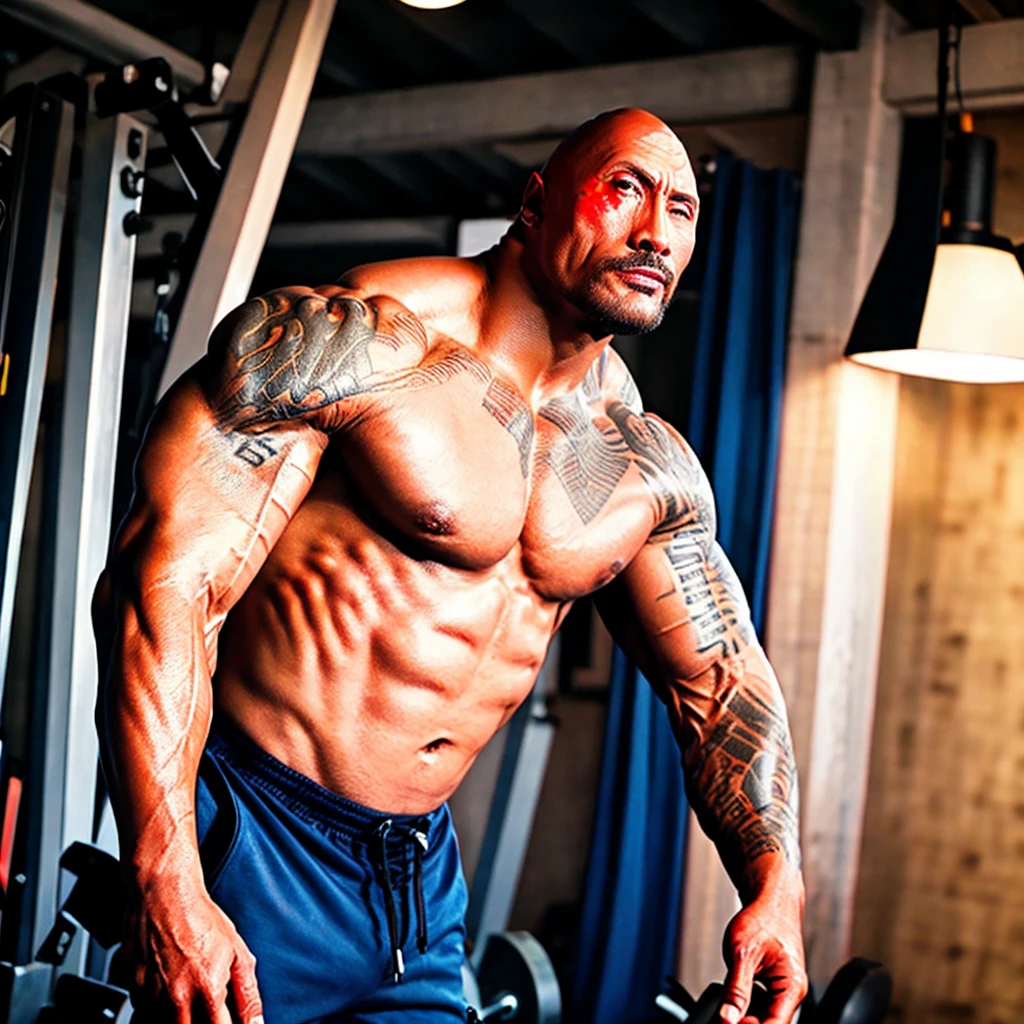 Dwayne Johnson photo of th3r0ck a strong man with muscular arms and a chiseled physique, naturalistic background, vibrant colors, professional lighting, photorealistic rendering, high-resolution image, detailed facial features, intense gaze.