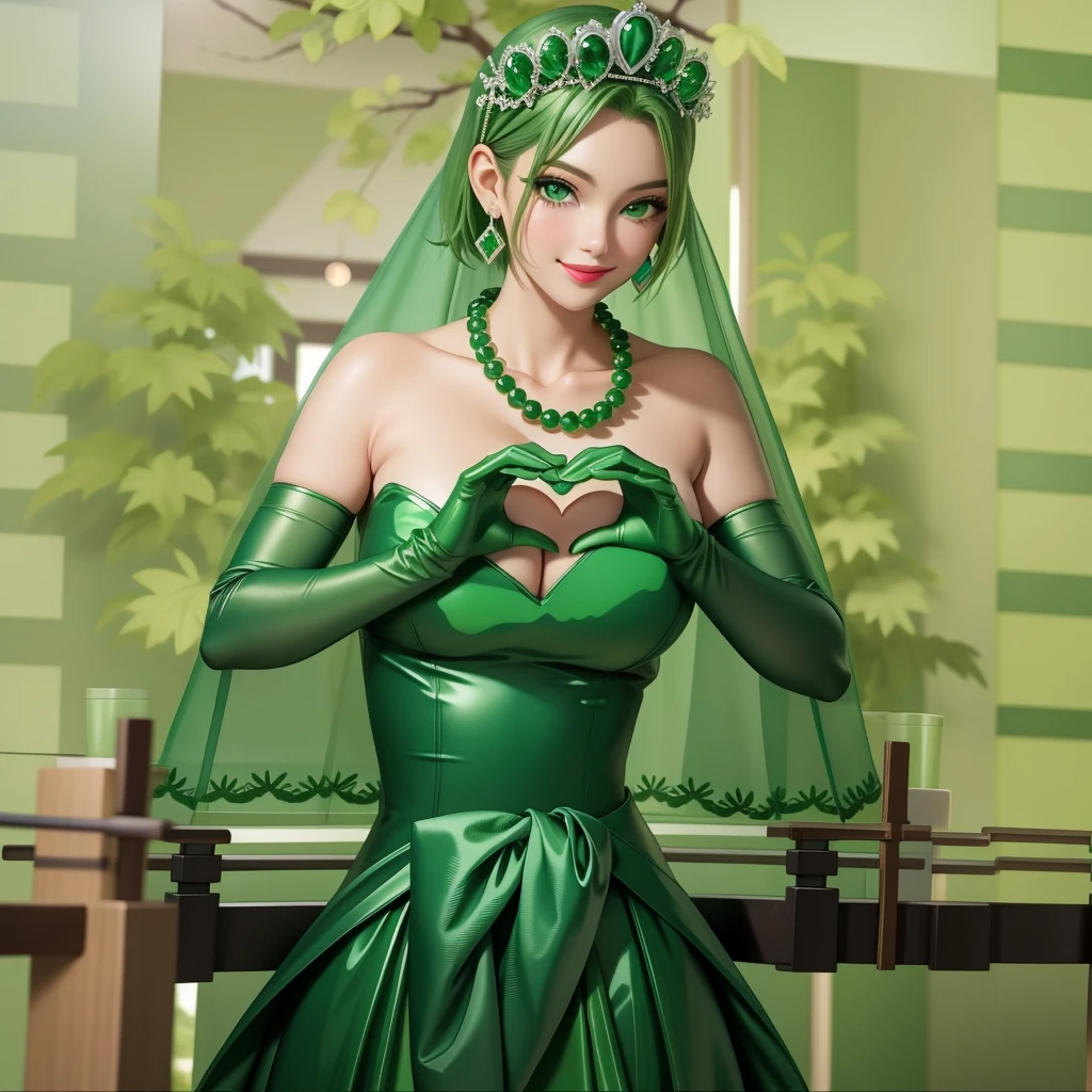 Emerald tiara, Green Pearl Necklace, ボーイッシュな非常に短いGreen Hair, Green Lips, Smiling Japanese woman, Very short hair, Busty beautiful lady, Green Eyes, Green satin long gloves, Green Eyes, Emerald Earrings, Green veil, Heart with both hands, Green Hair, Beautiful Japanese Women, Heart shaped hands:1.3, green lip gloss