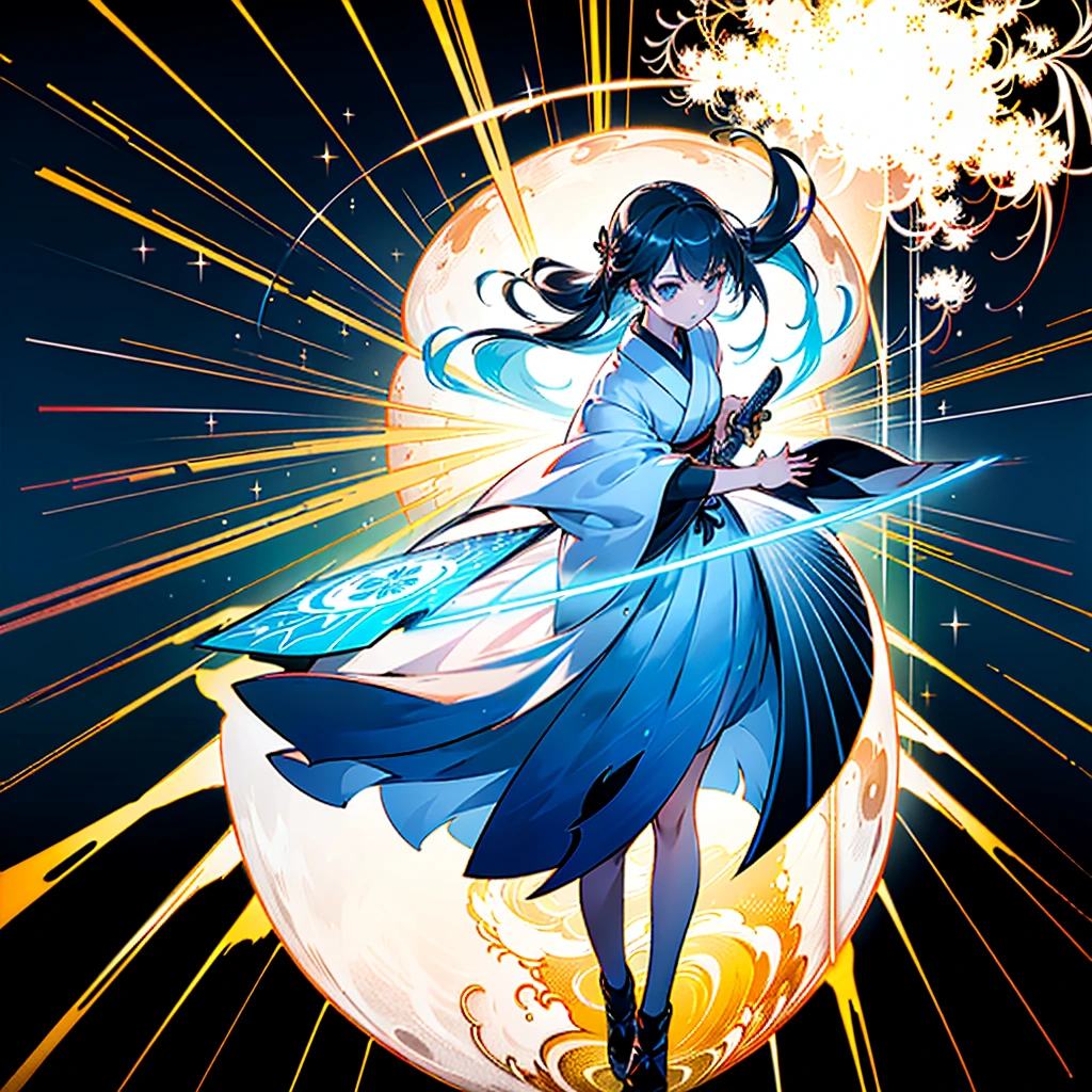 1girl,(((Highest quality、Official Art、The best composition、Masterpiece、Award-winning works)))、Serious expression、The moment the Japanese sword is swung down、ダイナミックなThe best composition、Super huge、detailed、whole body、Spider Lily Fractal Art、A holographic aura surrounds the person、hideo minaba,
