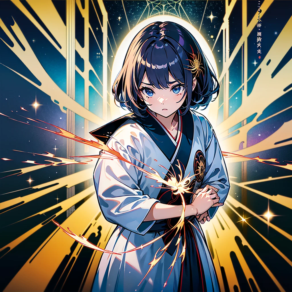 1girl,(((Highest quality、Official Art、The best composition、Masterpiece、Award-winning works)))、Serious expression、The moment the Japanese sword is swung down、ダイナミックなThe best composition、Super huge、detailed、whole body、Spider Lily Fractal Art、A holographic aura surrounds the person、hideo minaba,