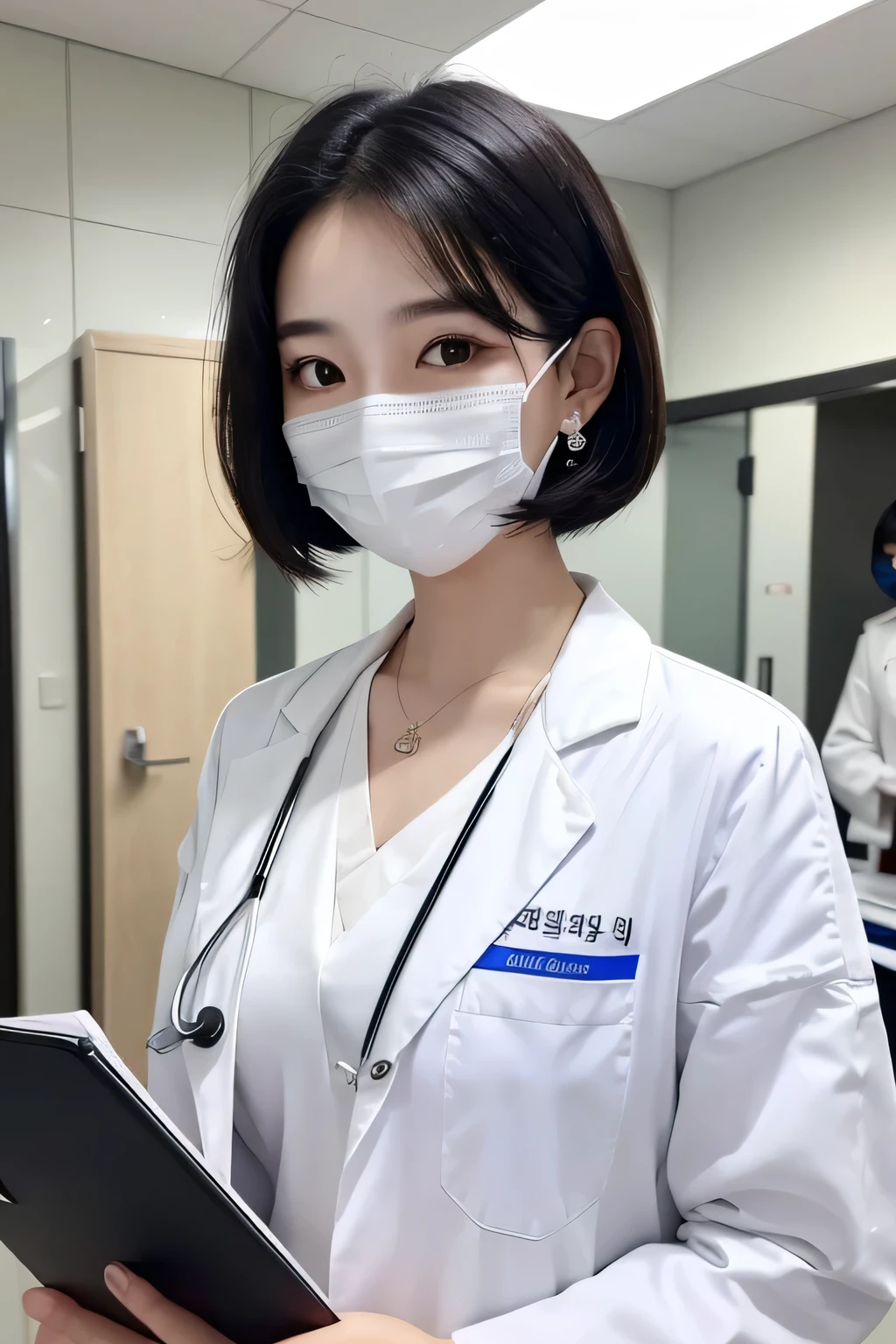 Beautiful young woman、 Korean women、Black Hair、Necklace around the neck、White、Doctor's clothing、Stethoscope、White mask on the mouth、Wavy Hair、short hair、Intricate details, Very detailed:1.2), 、 Looking into the camera,The background is the inspection room..、ear piercing