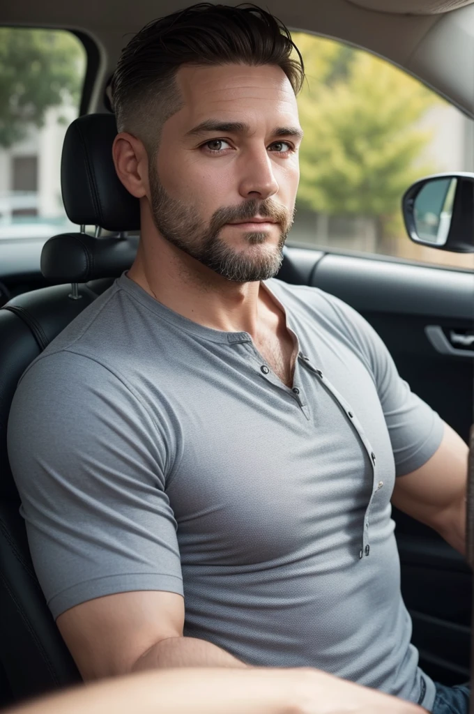 male 40s, grizzled, shaven hair, very short beard, driving