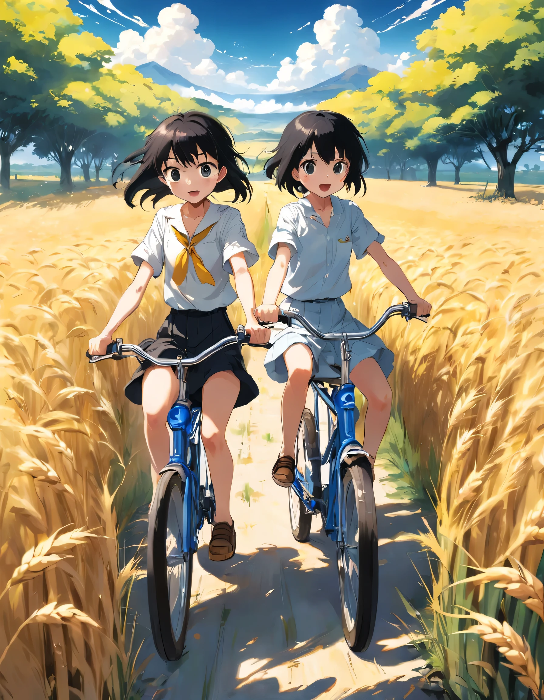 A boy and a girl ride a bike, Boy wears white shirt, with short black hair, Girls wear yellow shirts, cabelos preto e longos, Pass by endless fields of golden wheat。Magnificent scene, Clear blue sky, White clouds, The world of manga by Hayao Miyazaki.