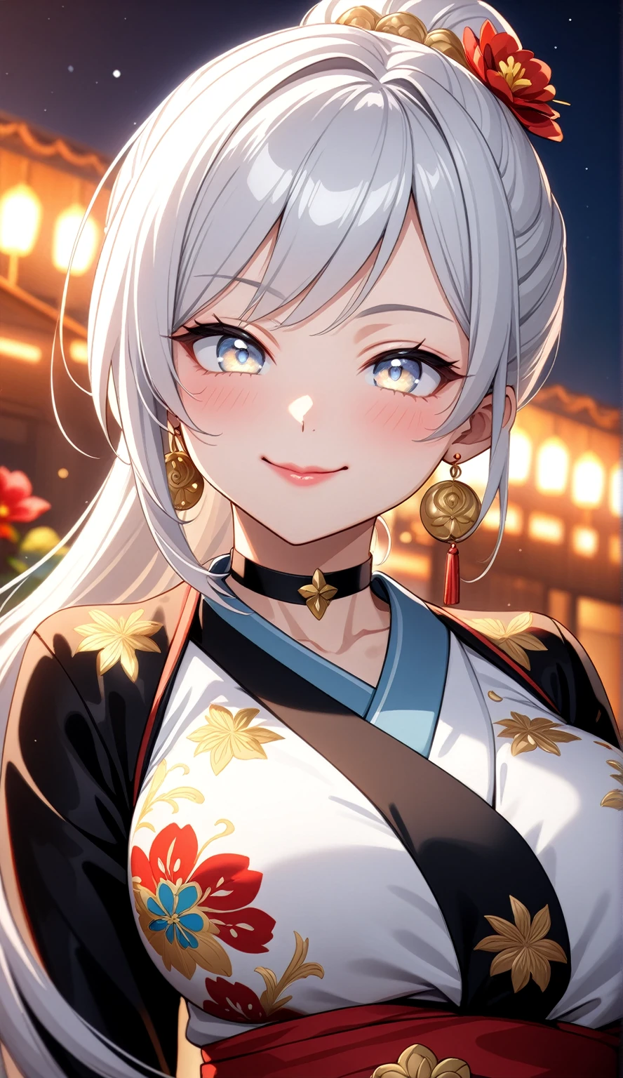 ((One personの女性)), Beautiful Face,((Wink:2.0)), ((seductive smile:1.1)), (head tilt:1.2), Laugh with your mouth wide open,((Bright red cheeks:1.4)),Shiny red lips,night,rooftop,You can see the ocean, firework,Laughing with your mouth open,Glossy pink lips,Facial lighting,((Anime style background)),masterpiece, Highest quality, so beautiful,up to date, Complex details, (Pink long nails), (4fingers and 1thumbs), (ring),(bracelet),(choker),AI-generated, Complex,High resolution, Highest quality, super high quality,3D Images、3D Images,One person,Long white hair,High Ponytail,(blue eyes),Anime woman posing for a photo, ((Fine grain、Silvery white colorful eyes、Shining Eyes:1.4)),(Squint your eyes:1.1),a hyperRealistic , hyperRealistic , Realistic,Anime woman with long white hair, Smooth anime CG art, A woman in a colorful kimono with gold embroidery, (Black long sleeve kimono),Red floral pattern,Long flower hair ornament,Earrings,Mature Body,(Big Breasts:1.1),Tall,Abdominal muscles,Narrow waist,(Zoom up to face:1.7),Shooting from an angle