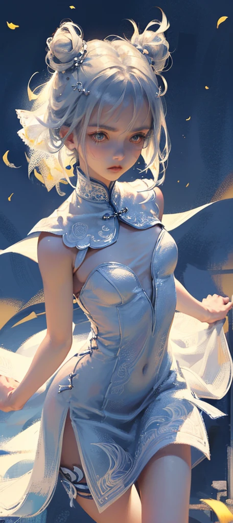 (((the best质量, high resolution, masterpiece, masterpiece, the best, high resolution))). A girl, Solitary. (((I am a beautiful person, Cute girl with delicate white and silver hair, short and small, slim body, and anime faces))). She was a young girl, About ten years old, Gorgeous white skin and medium length hair，Tie it into a big bun. She has depth, Shining blue eyes，tilt. She has no expression on her face. She has a medically correct body and youthful breasts. Her limbs are slender, Have the medically correct number of limbs and fingers. Her dress was white，very short ((cheongsam)), Translucent and transparent, With a blue ivy pattern. Her clothes fluttered in the wind as she posed. Her background is a simple starry sky.