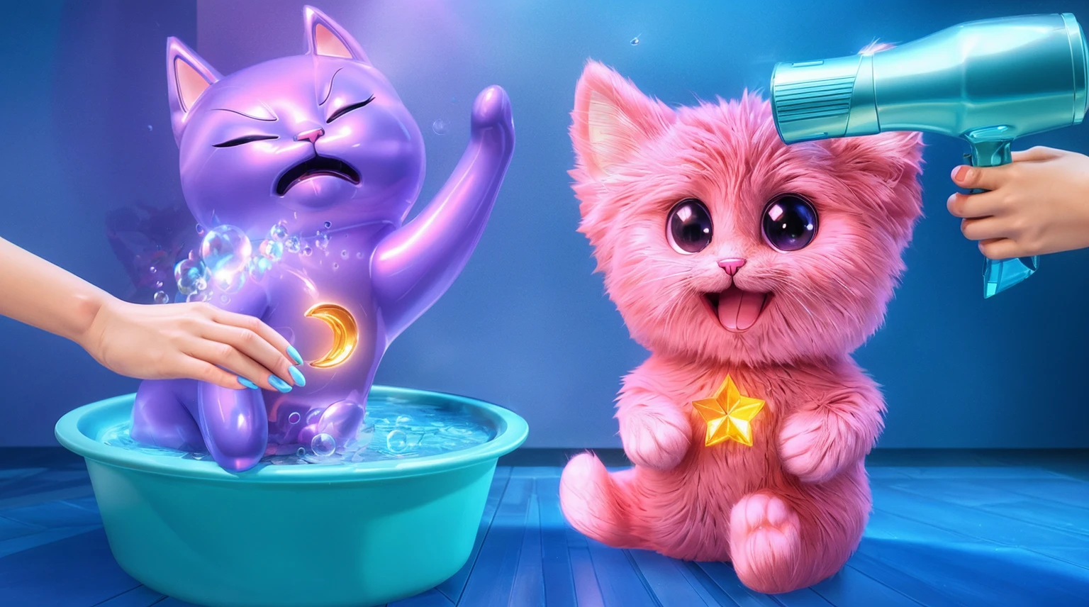 A cat is sitting in a bathtub filled with bubbles, and a fluffy cat is standing next to it, beeple and jeremiah ketner, adorable digital painting, 3 d icon for mobile game, 3 d littlest pet shop cat, cat cat dreamcats, cat from the void, normal map, cute detailed digital art, cats cat dreamcats, cat. digital painting, cute 3 d render, nights. multiple light sources, rim light, sharp post effects render, (glossy plastic texture with multiple big light probe refractions), perfect cgi, cgi art, smooth silhouette, high intensity refraction, (plastic material), most beautiful vfx, blue background, plastic refractions. It in 4k resolution, allowing viewers to immerse themselves in the richness of the colors and intricate details. The realistic rendering. under the spotlight, reflecting, high-resolution image, realistic rendering, dark background, and rim light photorealistic.