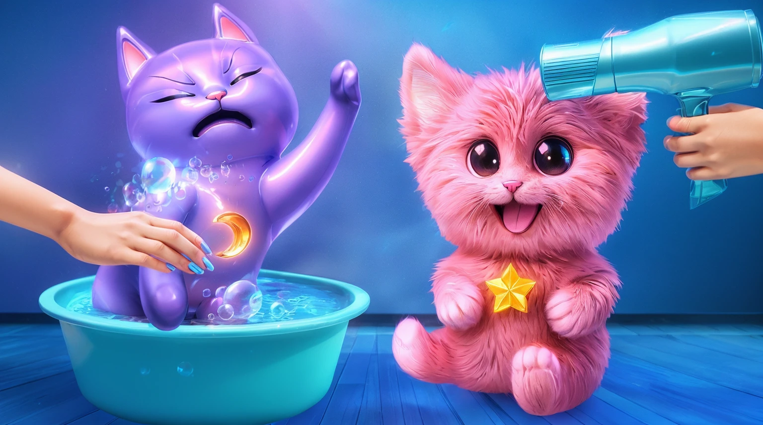 A cat is sitting in a bathtub filled with bubbles, and a fluffy cat is standing next to it, beeple and jeremiah ketner, adorable digital painting, 3 d icon for mobile game, 3 d littlest pet shop cat, cat cat dreamcats, cat from the void, normal map, cute detailed digital art, cats cat dreamcats, cat. digital painting, cute 3 d render, nights. multiple light sources, rim light, sharp post effects render, (glossy plastic texture with multiple big light probe refractions), perfect cgi, cgi art, smooth silhouette, high intensity refraction, (plastic material), most beautiful vfx, blue background, plastic refractions. It in 4k resolution, allowing viewers to immerse themselves in the richness of the colors and intricate details. The realistic rendering. under the spotlight, reflecting, high-resolution image, realistic rendering, dark background, and rim light photorealistic.