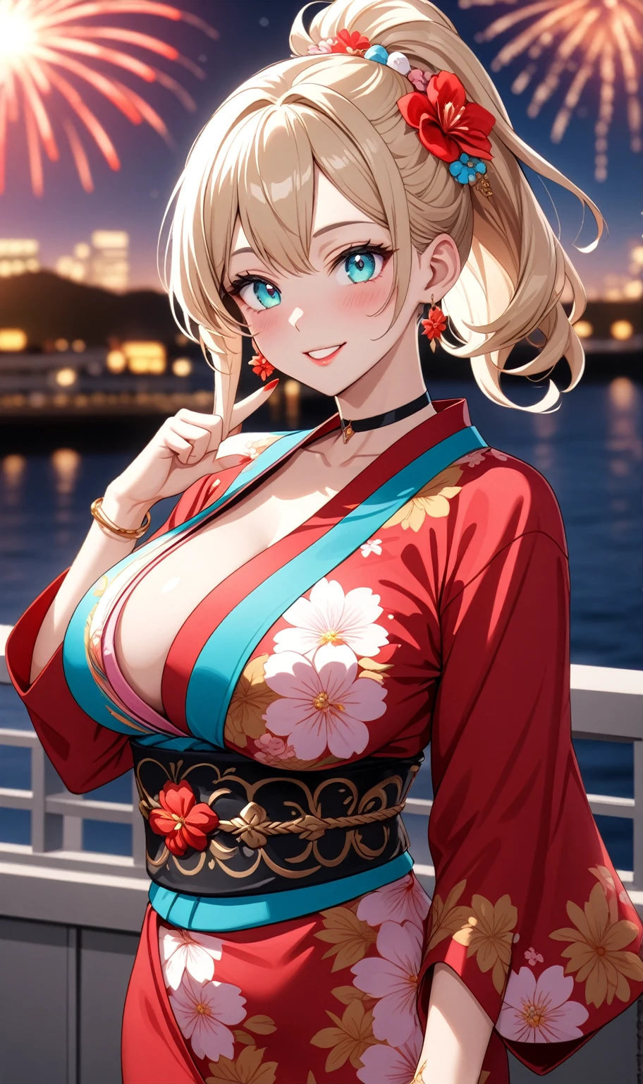 ((One personの女性)), Beautiful Face, head tilt, ((seductive smile)), ((Wink 1.9)), Laugh with your mouth wide open,((Bright red cheeks:1.4)),Shiny red lips,night,rooftop,You can see the ocean, firework,Laughing with your mouth open,Glossy pink lips,Facial lighting,((Anime style background)),masterpiece, Highest quality, so beautiful,up to date, Complex details, (Pink long nails),(4fingers and 1thumbs), (ring),(bracelet),(choker),AI-generated, Complex,High resolution, Highest quality, super high quality,3D Images、3D Images,One person,Long blonde hair,High Ponytail,(Turquoise Eyes),Anime woman posing for a photo, ((Fine grain、Colorful eyes、Shining Eyes:1.3)),(Squint your eyes:1.1),a hyperRealistic , hyperRealistic , Realistic,Anime woman with long white hair, Smooth anime CG art, A woman in a colorful kimono with gold embroidery, (Pink long sleeve kimono),Red floral pattern,Long flower hair ornament,Earrings,Mature Body,(Big Breasts:1.1),expensive,Abdominal muscles,Tight waist,(Zoom up to face:1.7),Shooting from an angle