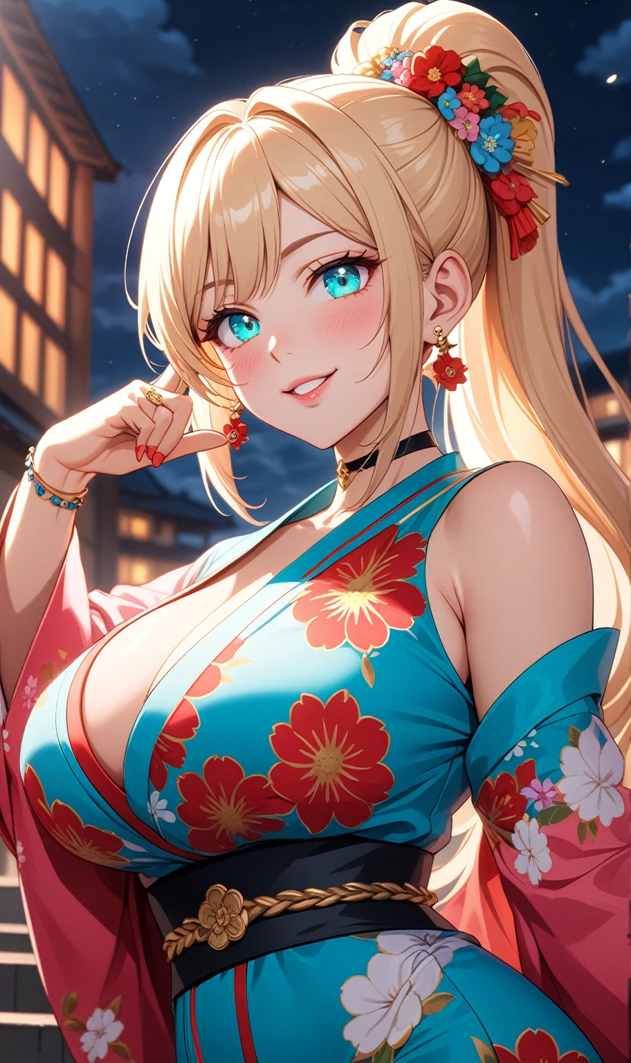 ((One personの女性)), Beautiful Face, head tilt, ((seductive smile)), ((Wink 1.9)), Laugh with your mouth wide open,((Bright red cheeks:1.4)),Shiny red lips,night,rooftop,You can see the ocean, firework,Laughing with your mouth open,Glossy pink lips,Facial lighting,((Anime style background)),masterpiece, Highest quality, so beautiful,up to date, Complex details, (Pink long nails),(4fingers and 1thumbs), (ring),(bracelet),(choker),AI-generated, Complex,High resolution, Highest quality, super high quality,3D Images、3D Images,One person,Long blonde hair,High Ponytail,(Turquoise Eyes),Anime woman posing for a photo, ((Fine grain、Colorful eyes、Shining Eyes:1.3)),(Squint your eyes:1.1),a hyperRealistic , hyperRealistic , Realistic,Anime woman with long white hair, Smooth anime CG art, A woman in a colorful kimono with gold embroidery, (Pink long sleeve kimono),Red floral pattern,Long flower hair ornament,Earrings, Body,(Big Brexpensive,Abdominal muscles,Tight waist,(Zoom up to face:1.7),Shooting from an angle