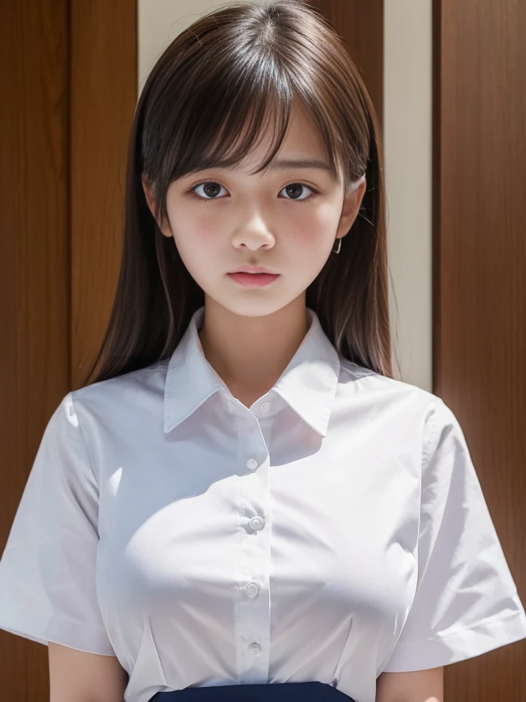 ((highest quality, 8K, masterpiece :1.3)), 16 year old Japanese beautiful girl、Student uniform、White collared blouse、Larger breasts、Painful expression、Tears