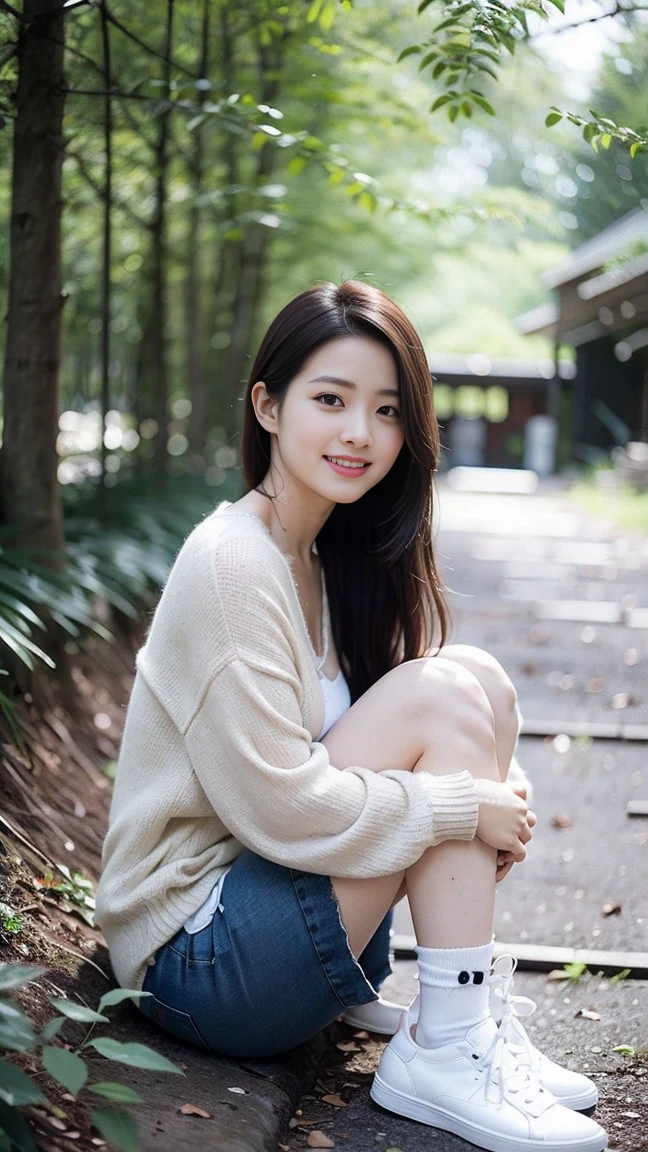 masterpiece, best quality, Surreal, Ultra Detailed, 8k resolution, RAW photos, Clear focus, (A girl in the forest),Asian woman in a blue top and white shorts posing for a photo,Breast augmentation， Full body posture, Solitary, Perfect body, Become a, 32 inches in the chest,(a charming smile:1), (sexy pose)，26 years old, light,White shoes，Nozomi Takemura, Oka Yasumoto, Chiho, Ogata Aoi, Motto Cave, Yoshitomo Nara, Kakinuchi Megumi, Harumi, Kojima De Ami, Beichuan Marin