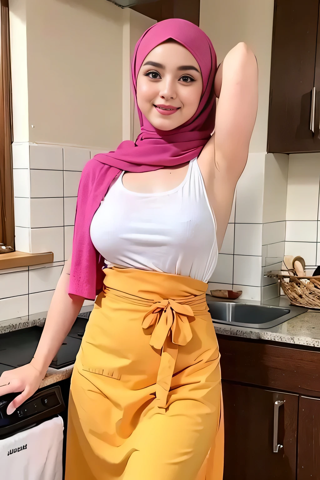 top-quality,Beautiful detailed hijabi,Bewitching face,beauty Mongol model,long lashes,Wearing a colorful ?????_apron, kitchen background detailed,Detailed details,sideboobs, big breast ,stares at the camera, smile, all body shoot, showing her hairy armpit, hairy pubis,
