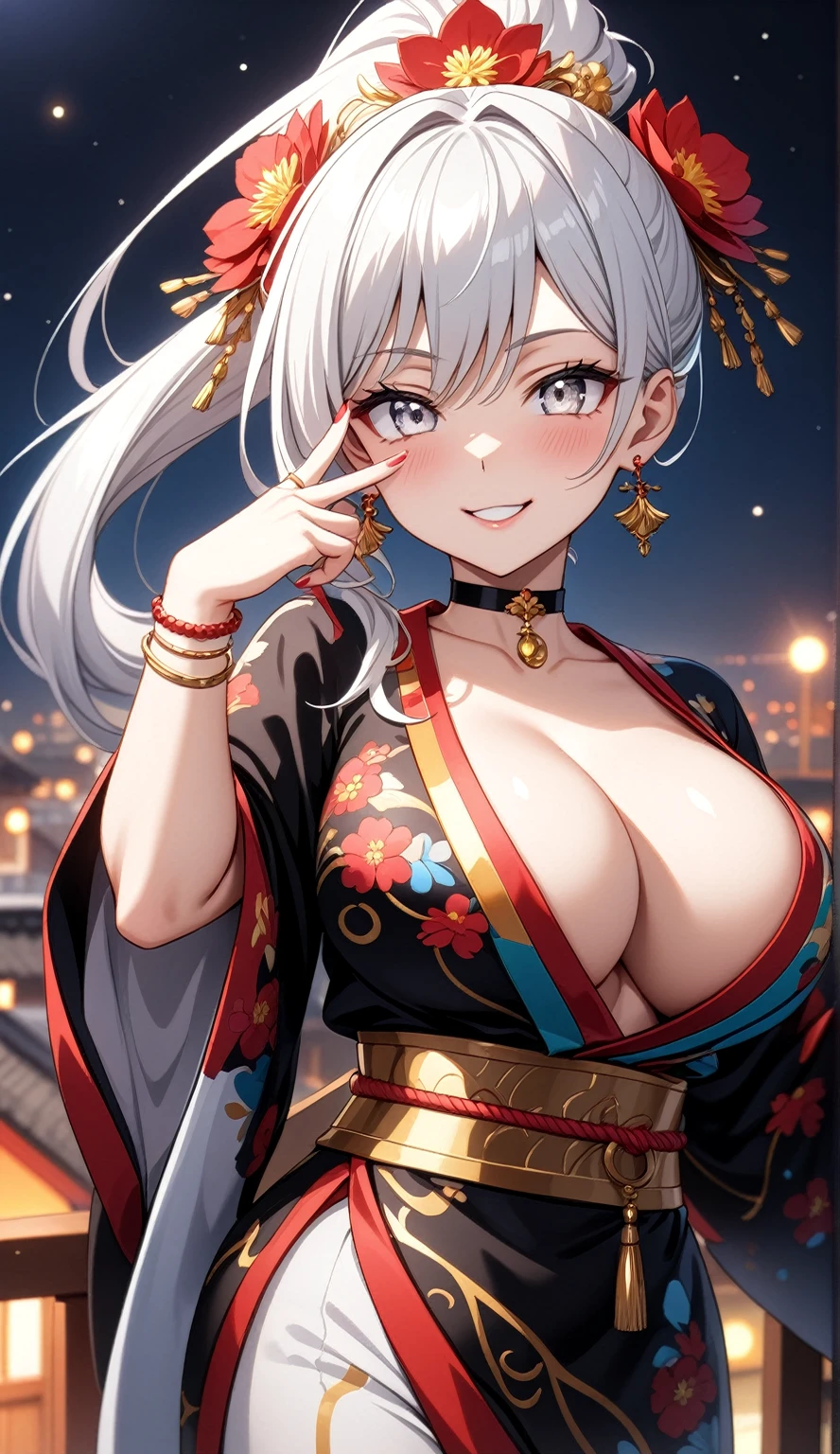 ((One personの女性)), Beautiful Face,((Wink:2.0)), ((seductive smile)), (head tilt), Laugh with your mouth wide open,((Bright red cheeks:1.4)),Shiny red lips,night,rooftop,You can see the ocean, firework,Laughing with your mouth open,Glossy pink lips,Facial lighting,((Anime style background)),masterpiece, Highest quality, so beautiful,up to date, Complex details, (Pink long nails), (4fingers and 1thumbs), (ring),(bracelet),(choker),AI-generated, Complex,High resolution, Highest quality, super high quality,3D Images、3D Images,One person,Long white hair,High Ponytail,(blue eyes),Anime woman posing for a photo, ((Fine grain、Silvery white colorful eyes、Shining Eyes:1.4)),(Squint your eyes:1.1),a hyperRealistic , hyperRealistic , Realistic,Anime woman with long white hair, Smooth anime CG art, A woman in a colorful kimono with gold embroidery, (Black long sleeve kimono),Red floral pattern,Long flower hair ornament,Earrings,Mature Body,(Big Breasts:1.1),Tall,Abdominal muscles,Narrow waist,(Zoom up to face:1.7),Shooting from an angle