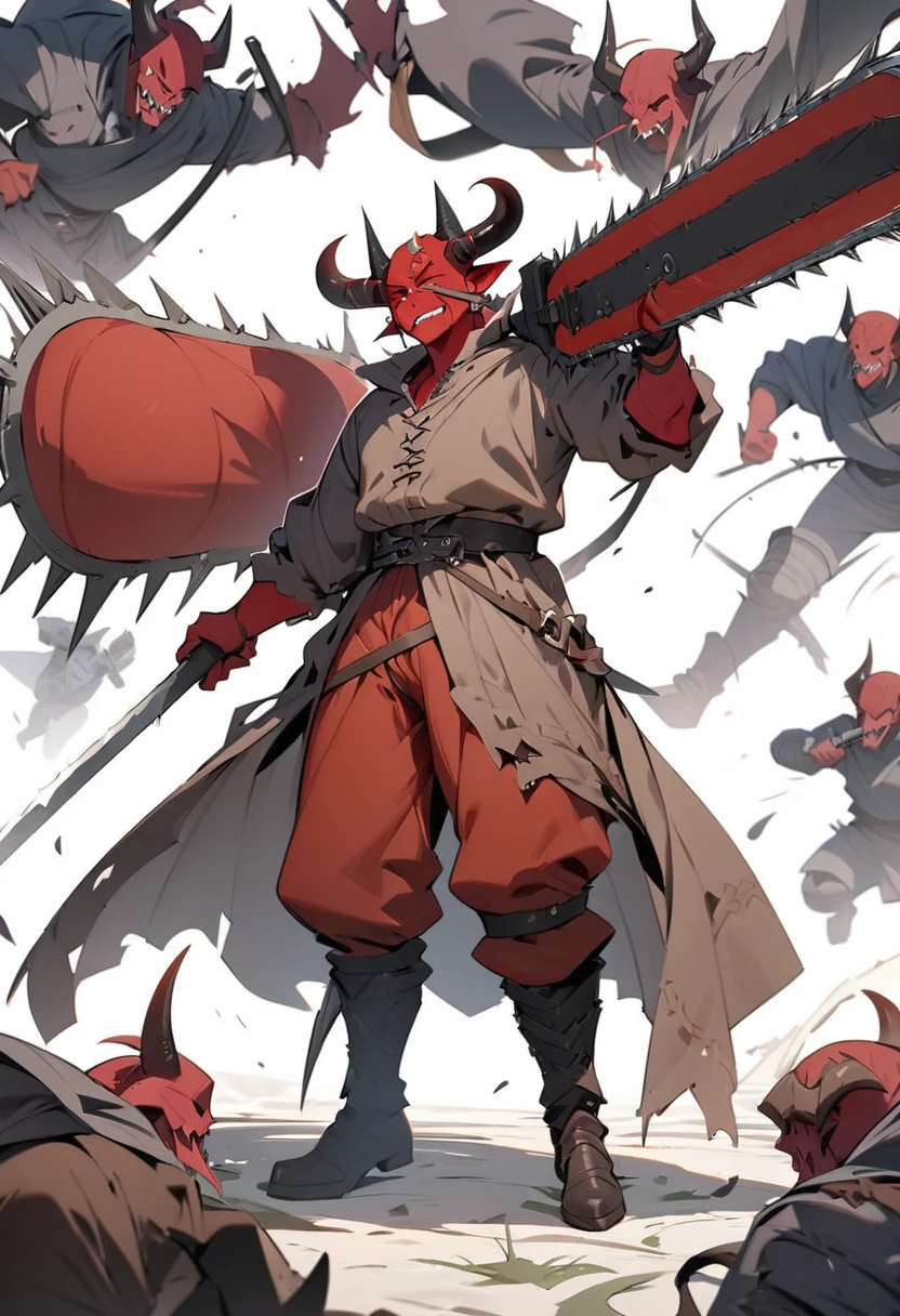 ({masterpiece}},{best quality,}，white background,full body,Middle Ages,，1man，demon，Red skin，Horns，Chainsaw sword，({masterpiece}},{best quality}