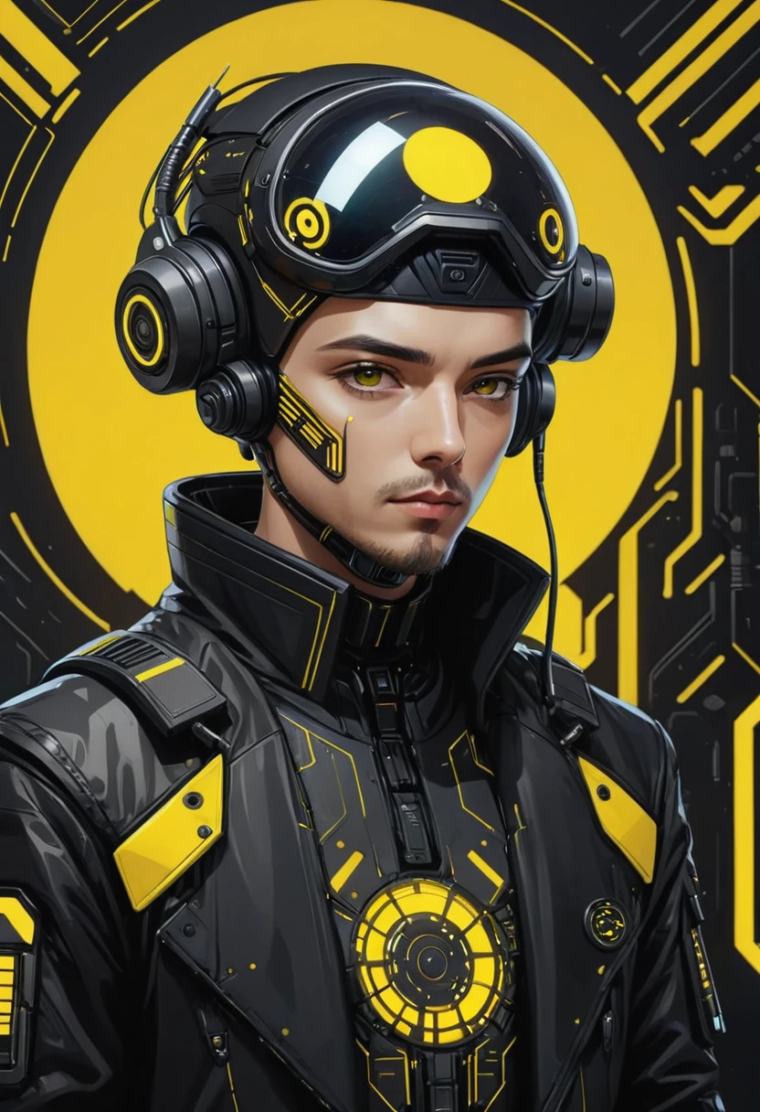 illustratio, (1 man:1), ( Background with:black and yellow Background with1.4), (symmetry:1.2), (artistic décor:1.4), (Retro-Future:1.4), (Minimalist:1.4), (Clean:1.4), (Flat_colours:1.4), (cyber punk perssonage,android:1.4), CCDDA art style, futuristic hairstyle. clean face