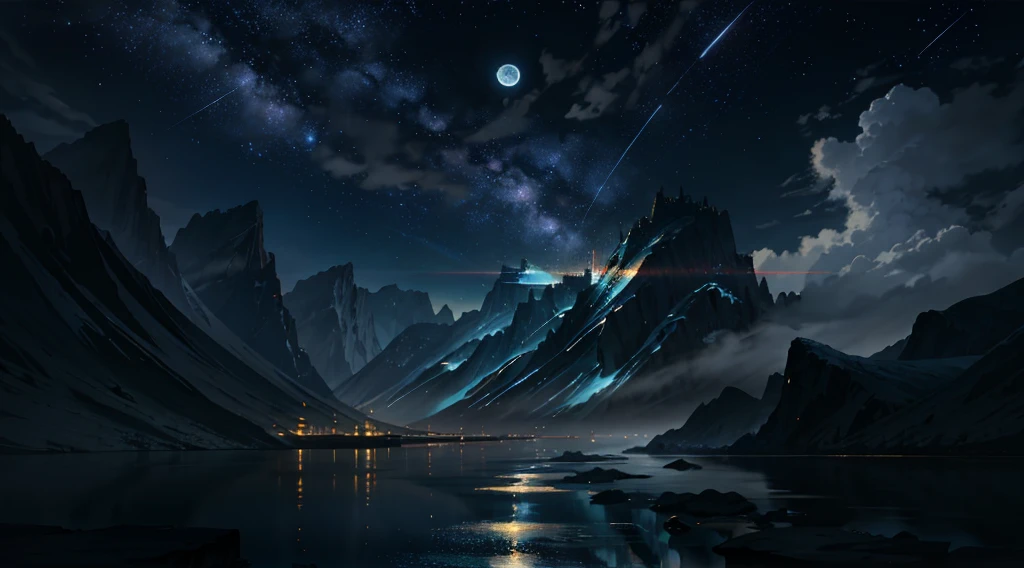 Painting of a river with stars and moon floating in the sky, Concept art inspired by Mitsuoki Tosa, pixiv Contest Winner, Highest quality, Fantasy art, Beautiful anime scene, Bright Moon, 月明かりとStarry Skyの環境, Dream painting, Anime Background Art, Fantasy Landscape Painting, Fantasy Night, Anime Background, Background artwork, Great art, Atmospheric anime, Starry Sky, Detail enhancements.