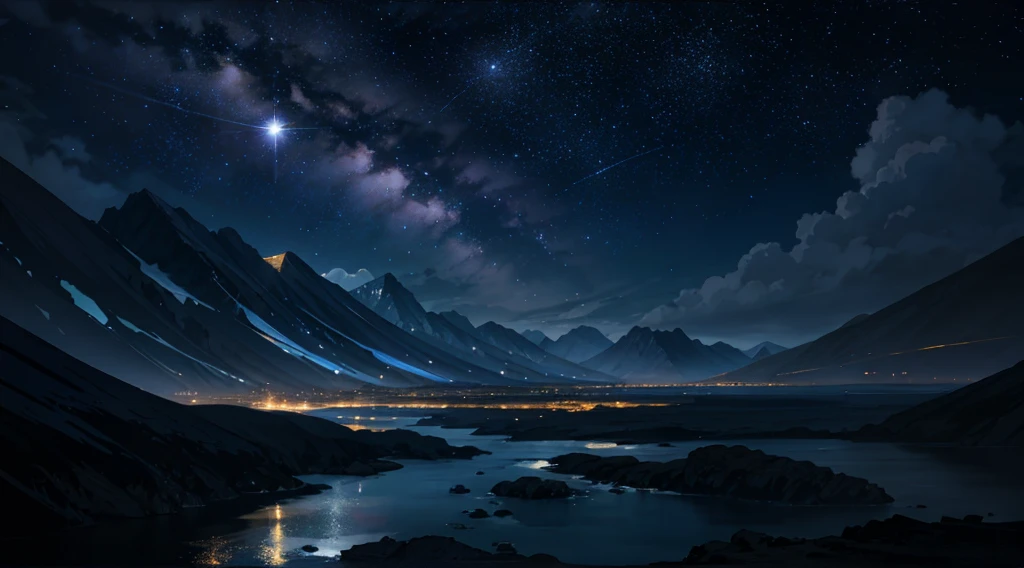 Painting of a river with stars and moon floating in the sky, Concept art inspired by Mitsuoki Tosa, pixiv Contest Winner, Highest quality, Fantasy art, Beautiful anime scene, Bright Moon, 月明かりとStarry Skyの環境, Dream painting, Anime Background Art, Fantasy Landscape Painting, Fantasy Night, Anime Background, Background artwork, Great art, Atmospheric anime, Starry Sky, Detail enhancements.