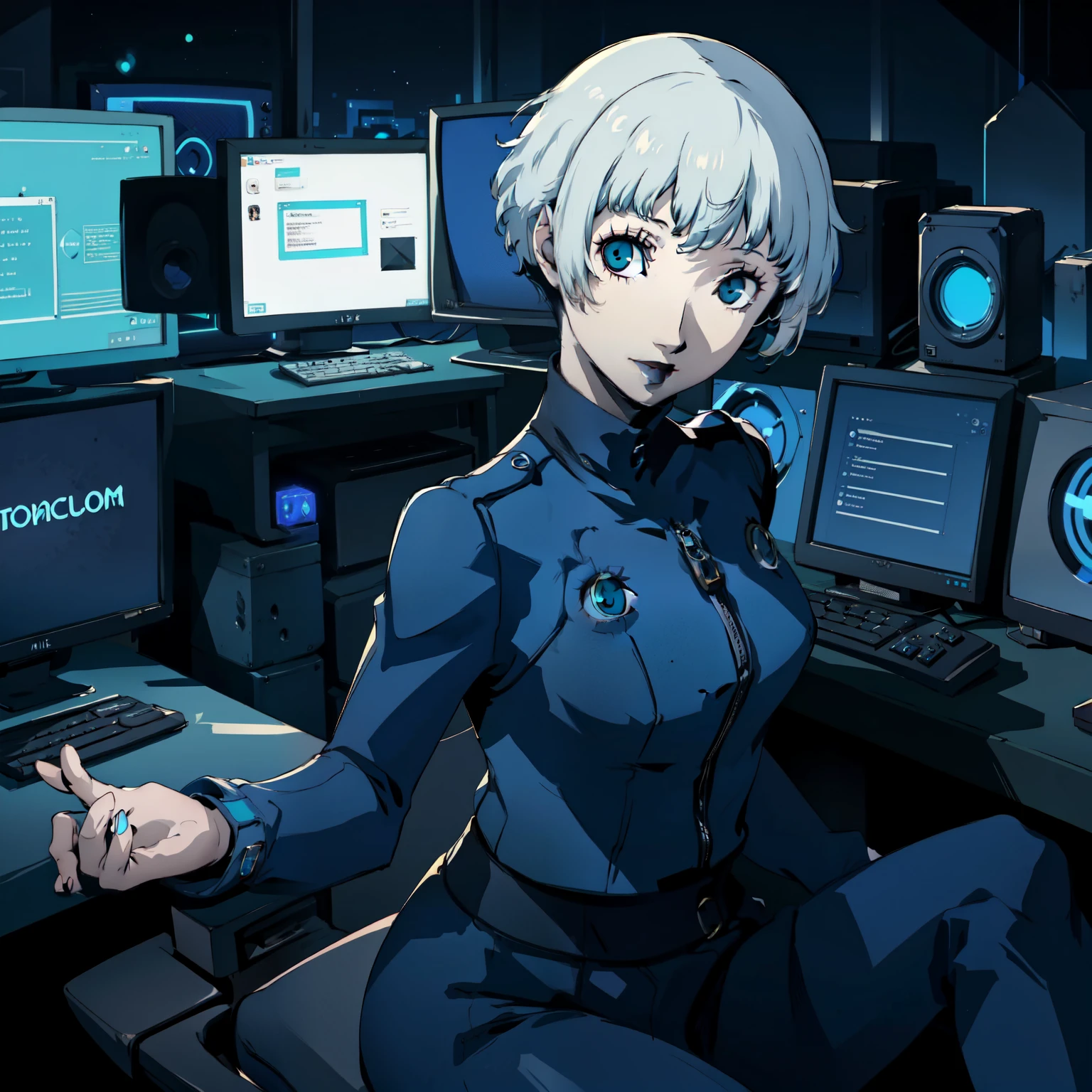 masterpiece, ((best quality)),((1 girl)), blue eyes, black lipstick, aqua hair, female , tomboy Pixie haircut, deep blue suit, white hair, white hair,smiling,hacker,in the,dark room,sitting,looking monitor,sexy
