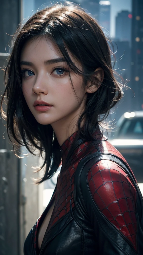 (1 girl:1.3), Alone, (((Very detailed face)))), ((Very detailed eyes and face.)))), beautifuls detalles ojos, body parts__, Official Art, unified 8k wallpaper, super detailed, beautiful and beautiful, beautiful, Masterpiece, Best Quality, Original, Masterpiece, super fine photo, Best Quality, super high resolution, realistic realism, sunlight, Full length portrait, extraordinary beauty, dynamic pose, delicate face, vibrant eyes, (FROM THE FRONT), He wears a Spider-Man suit., red and black color scheme, spider, fondo muy detallado del Ceiling de la ciudad, Ceiling, with city views, detailed face, detailed complex busy background, disordered, gorgeous, milky white, very detailed skin, realistic skin details, visible pores, clear focus, volumetric fog, 8k hd, DSLR, high quality, film grain, White skin, photographic realism, lomography, Futuristic dystopian megalopolis, translucent
