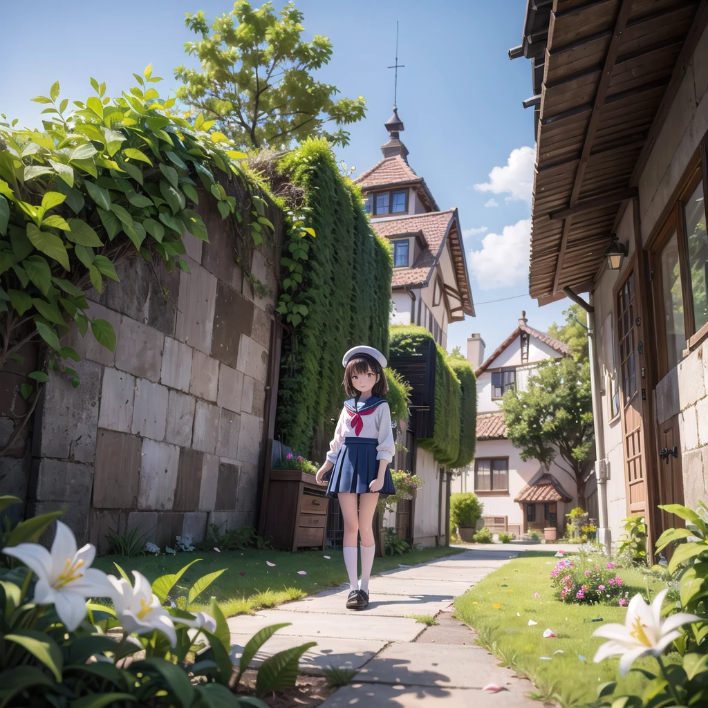 (masterpiece), town, blue sky, One girl, smile, alone, Sailor suit、Below-the-knee skirt, Overgrown, petal, plant、Skirt lining、Translucent slip