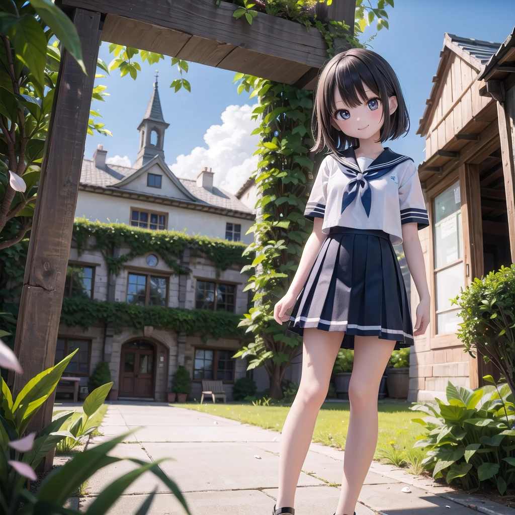 (masterpiece), town, blue sky, One girl, smile, alone, Sailor suit、Below-the-knee skirt, Overgrown, petal, plant、Skirt lining、Translucent slip