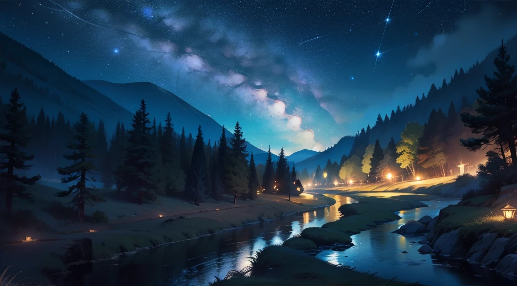 Creates a beautiful picture of a winding river on a starry night, Capture the beauty of the moonlit sky, A bright moon and stars twinkle in the background.
