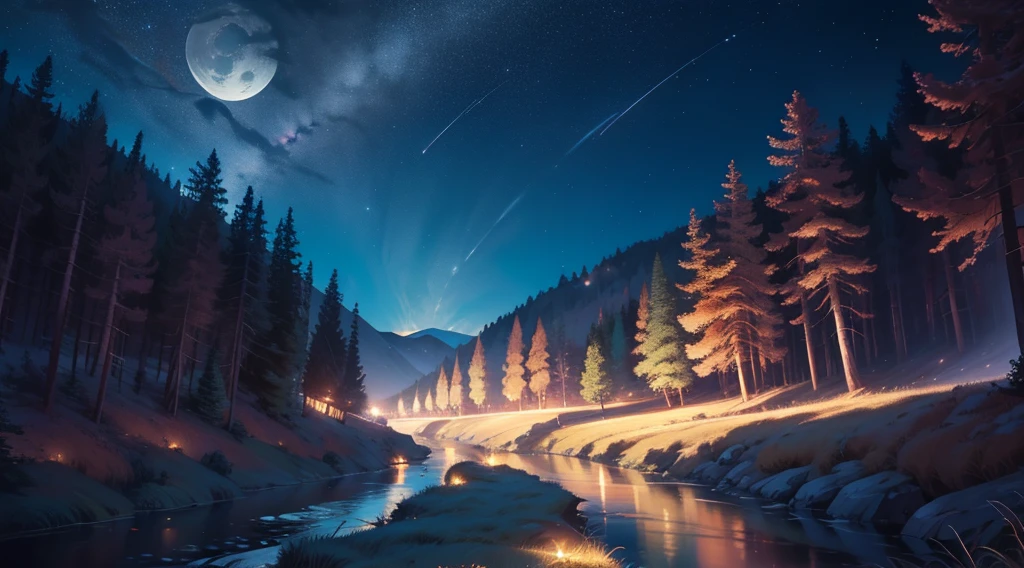 Creates a beautiful picture of a winding river on a starry night, Capture the beauty of the moonlit sky, A bright moon and stars twinkle in the background.