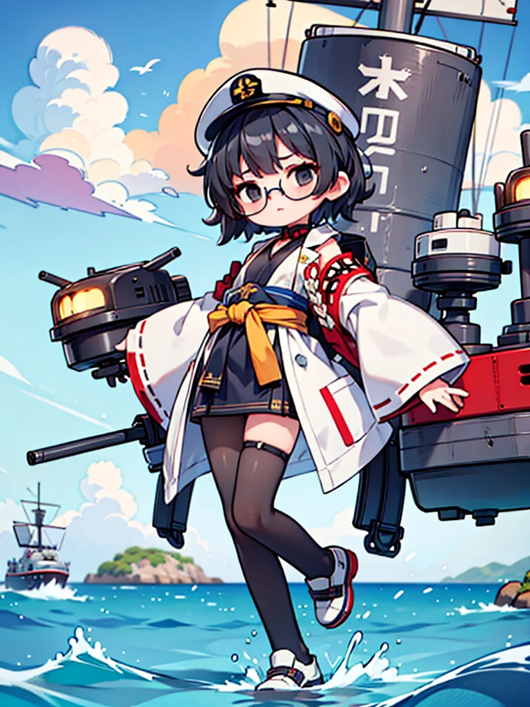 ((((Full body of a woman with perfect flat chest、solo、Short unkempt black hair、white military jacket、Miko costume、tights、Black glasses、White military cap、Cloudy black eyes、Sleepy expression)))), (((masterpiece))), (((Shipgirl))), ((Floating on the morning sea with both feet)), (Spread your legs wide open), (Hold the turret with your right hand), (Mechanical arms extending from the waist are used to equip the ship with battleship equipment.), (Equipped with a turret on the back), (Holds the turret with his left arm), Shotgun shells are attached to the thigh with a belt, Spreading the Machine's Wings, Machine tail, shotgun,