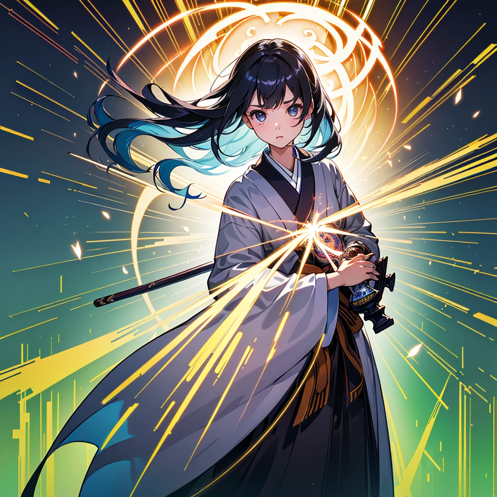 1girl,(((Highest quality、Official Art、The best composition、Masterpiece、Award-winning works)))、Serious expression、The moment the Japanese sword is swung down、ダイナミックなThe best composition、Super huge、detailed、whole body、Spider Lily Fractal Art、A holographic aura surrounds the person、hideo minaba,
