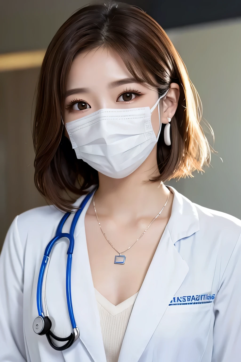 Beautiful young woman、 Korean women、Light brown hair、Necklace around the neck、White、Doctor's clothing、Stethoscope、White mask on the mouth、Wavy Hair、short hair、Intricate details, Very detailed:1.2), 、 Looking into the camera,The background is the inspection room..、ear piercing
