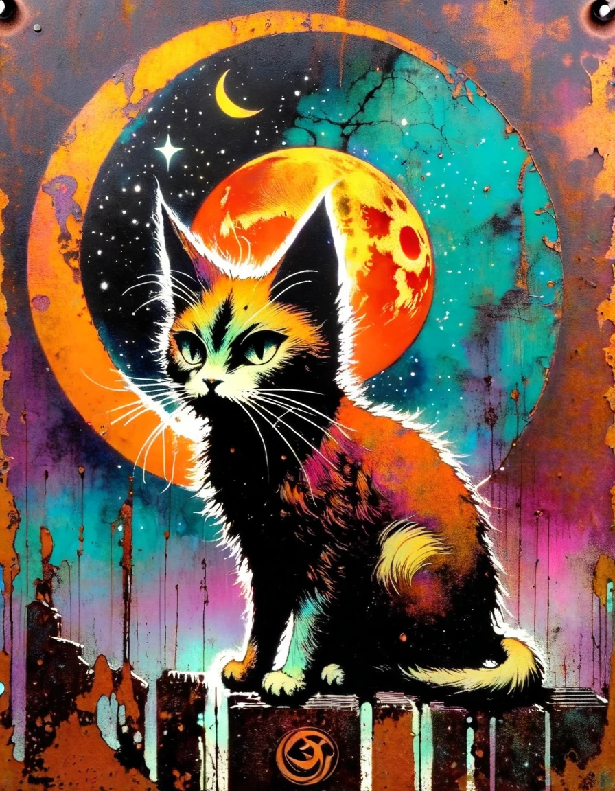 rusty metal sign with a drawing of a satanic cat and a moon, artwork inspired by Bill Sienkiewicz, vivid colors, intricate details, oil.