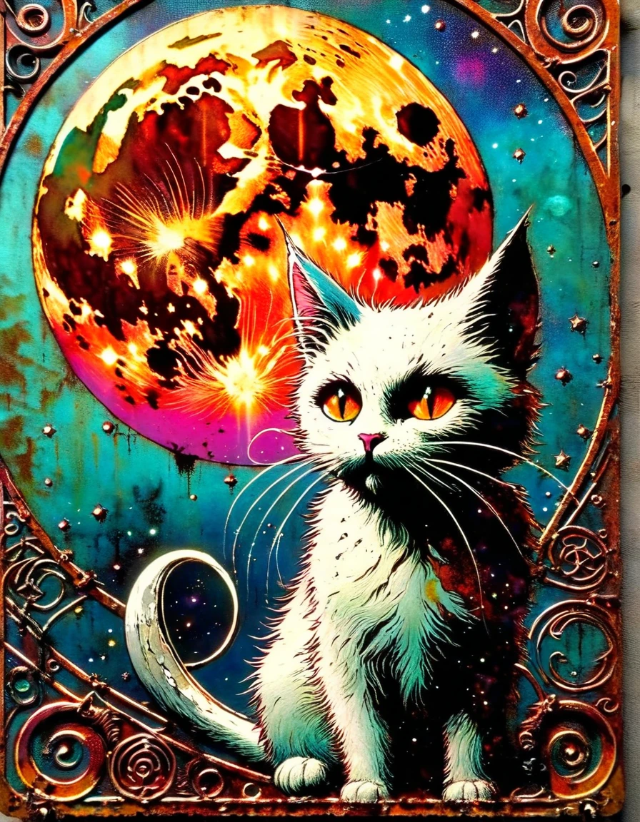 rusty metal sign with a drawing of a satanic cat and a moon, artwork inspired by Bill Sienkiewicz, vivid colors, intricate details, oil.
