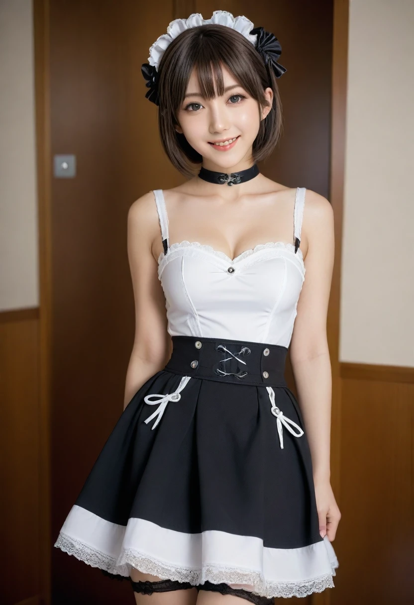 8K, Ultra-high resolution, Highest quality, masterpiece, 三分割法によるphotograph,Surreal, photograph, 1 girl, (:1.3), pretty girl, Cute face, Beautiful eyes in every detail, 細かくdetailedに,masterpiece,, One Girl:1.2, Japan Female Announcer,whole body,Young Wife,((Bondage and Gothic Lolita)),PenSkirt、Random pose,sexly,A carefree smile,Healing the heart,short hair,Looking at the audience、beauty,Long neck、Laugh a little、Please close your mouth and laugh、(((Ideal body type))),A-cup small breasts :2,、Portraiture:2、Perfect Anatomy、鮮明なdetailed、detailed、Surreal、Light and shadow,Strong light